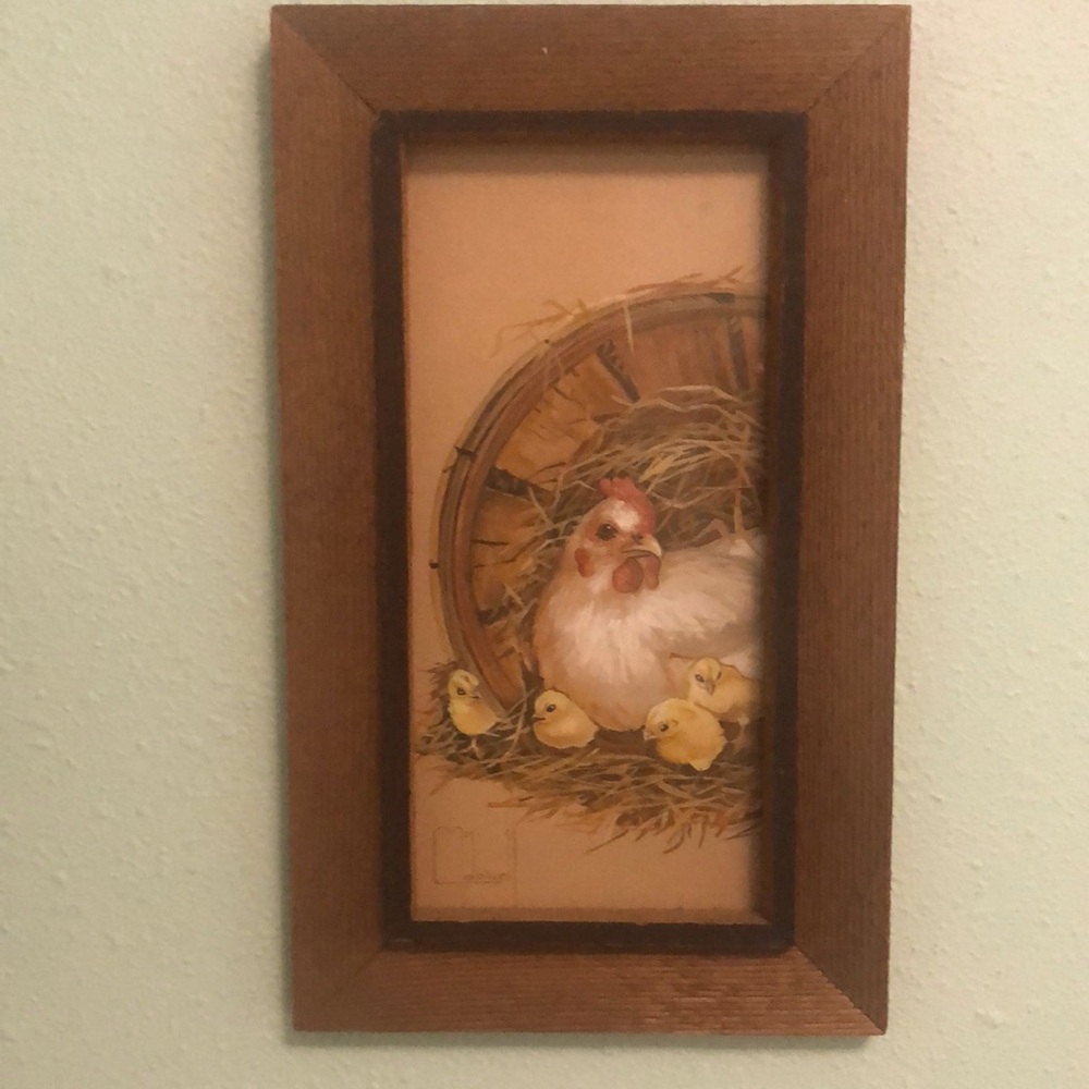 Rustic Brown Framed Chicken and Chicks Wall Art — Original watercolor